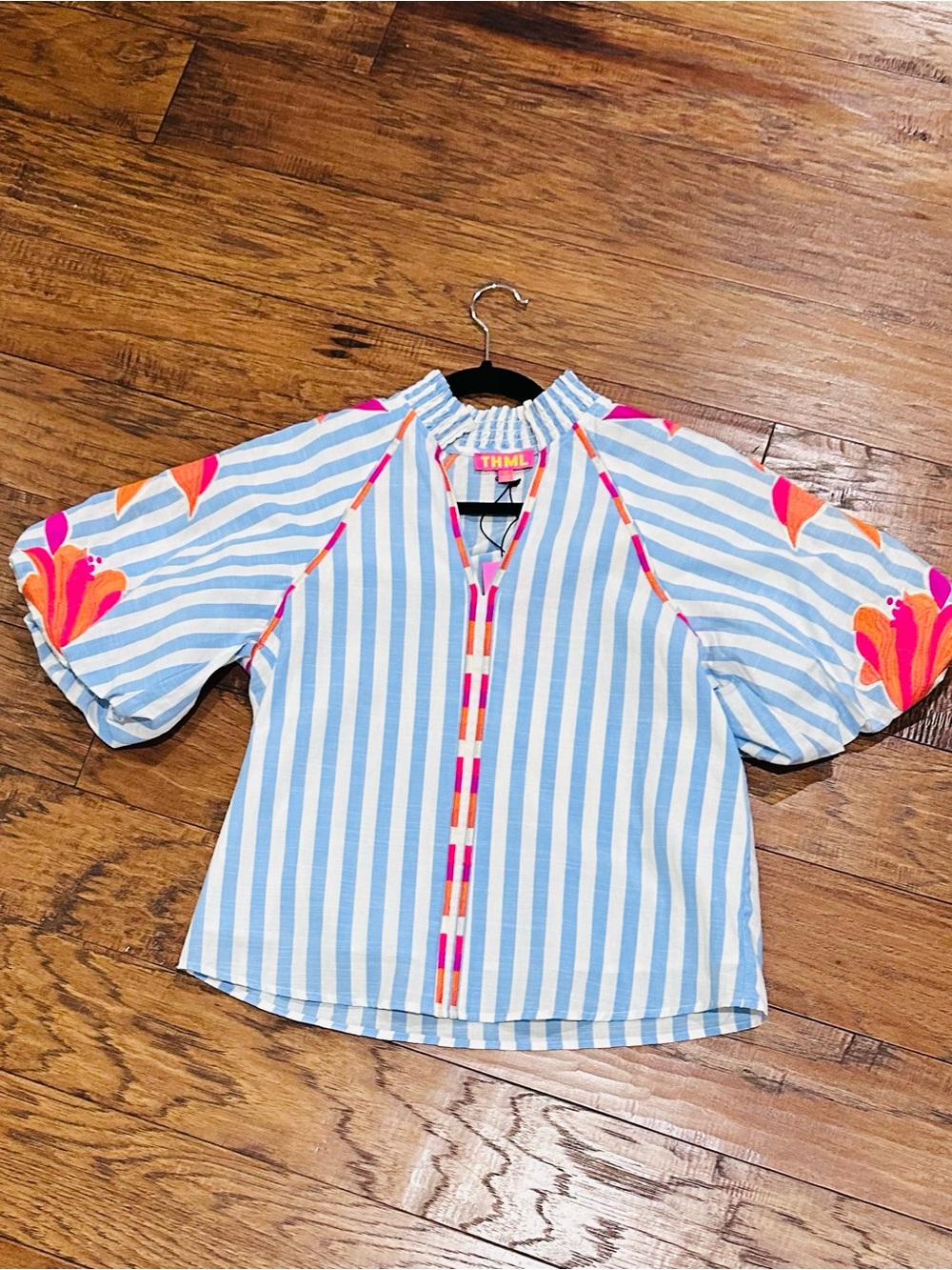 NWT THML Light Blue & White Striped Top with Pink & Orange Embroidered Flowers